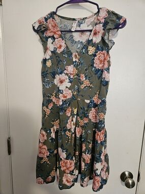Xhilaration Olive Floral Midi Dress with Pink & Blue Flowers
